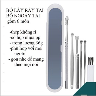 Bộ Dụng Cụ Ngoáy Tai Inox 6 Món - Bộ Lấy Ráy Tai Thép Không Rỉ 6 Món