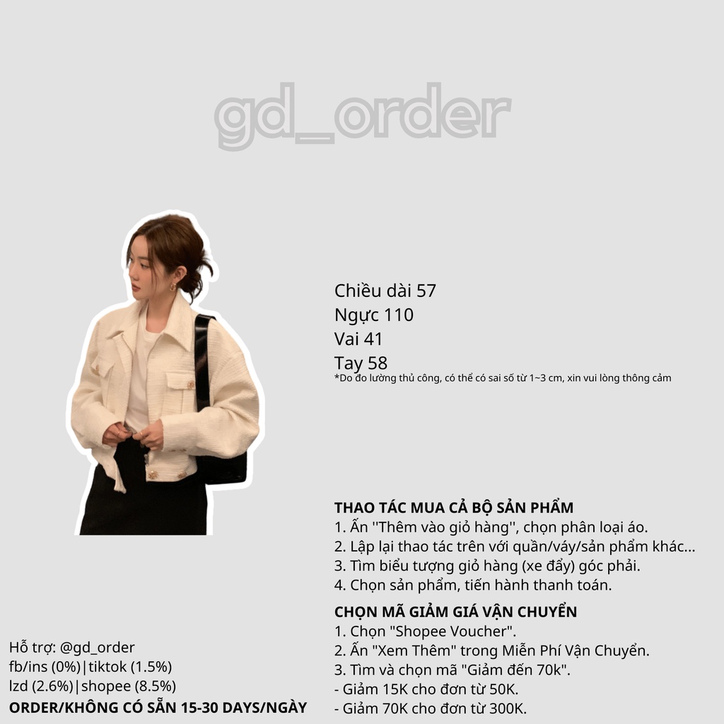 K48|Áo khoác hàn quốc dạ tweed dáng ngắn cá tính cho nữ dài tay công sở thanh lịch gd_order