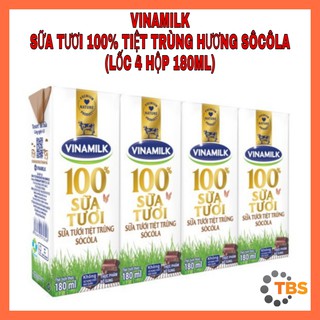 [VINAMILK-SỮA TƯƠI VỊ SÔCÔLA] SỮA TƯƠI VINAMILK 100% TIỆT TRÙNG VỊ SÔCÔLA, LỐC 4 HỘP 180ML