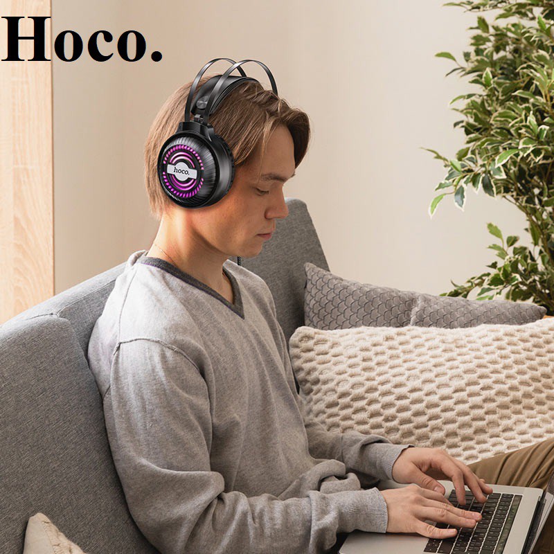 Tai nghe chụp tai chơi game có micro, Hoco W101 dùng cho điện thoại, máy tính, Laptop, Macbook, đèn Led nhiều màu