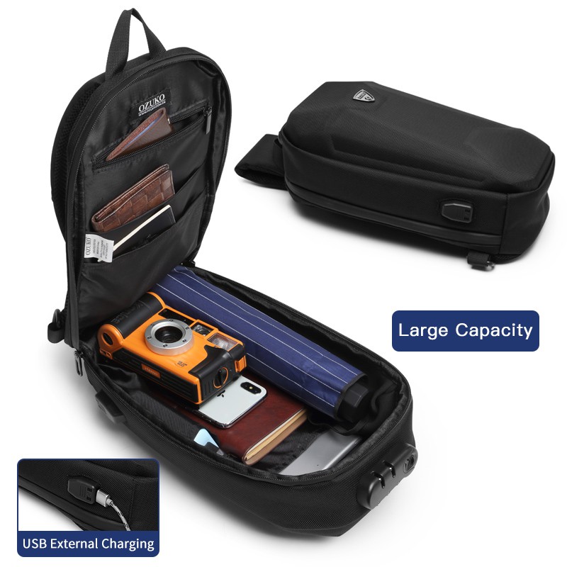 Ozuko Anti-theft Men's Sling Bag Waterproof Chest Pack Shoulder Bag with USB Charging