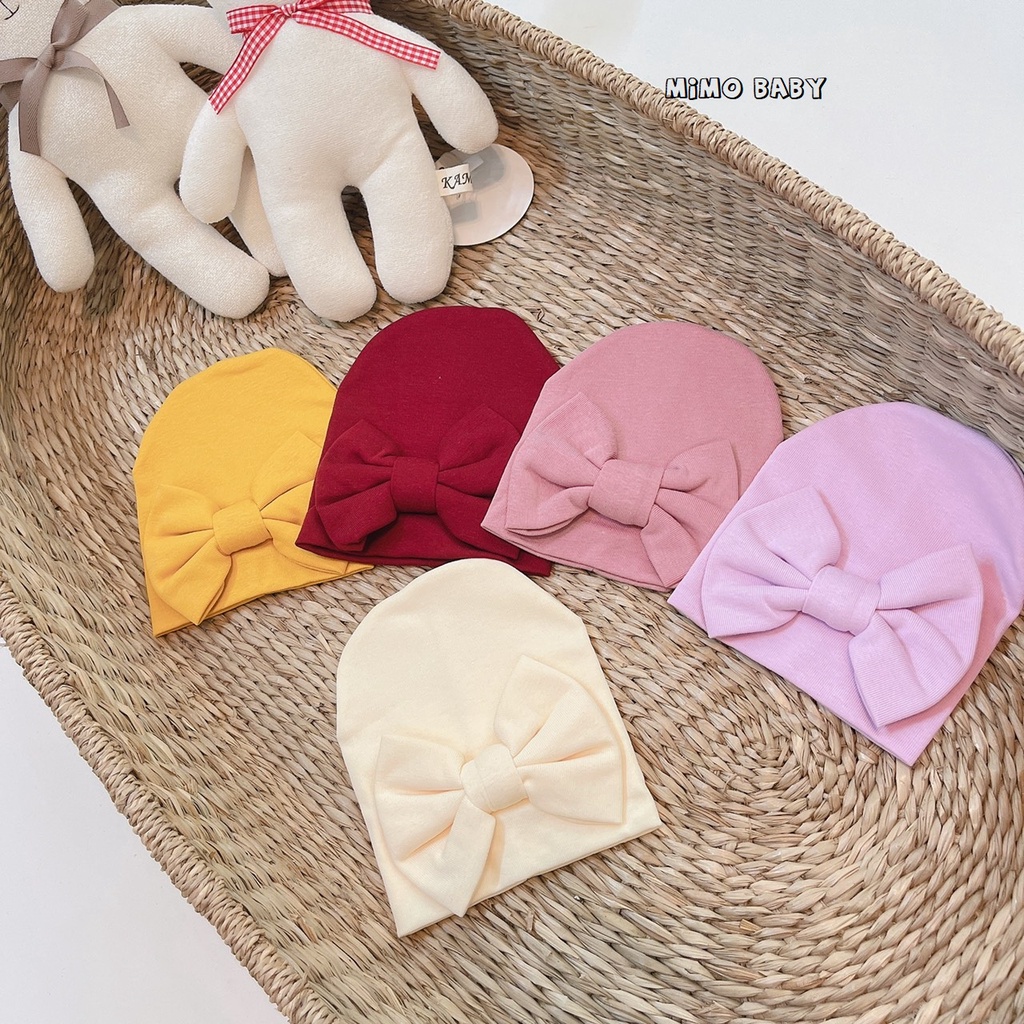 Mũ cotton sơ sinh đính nơ cho bé gái 0-6m Mimo baby MD24