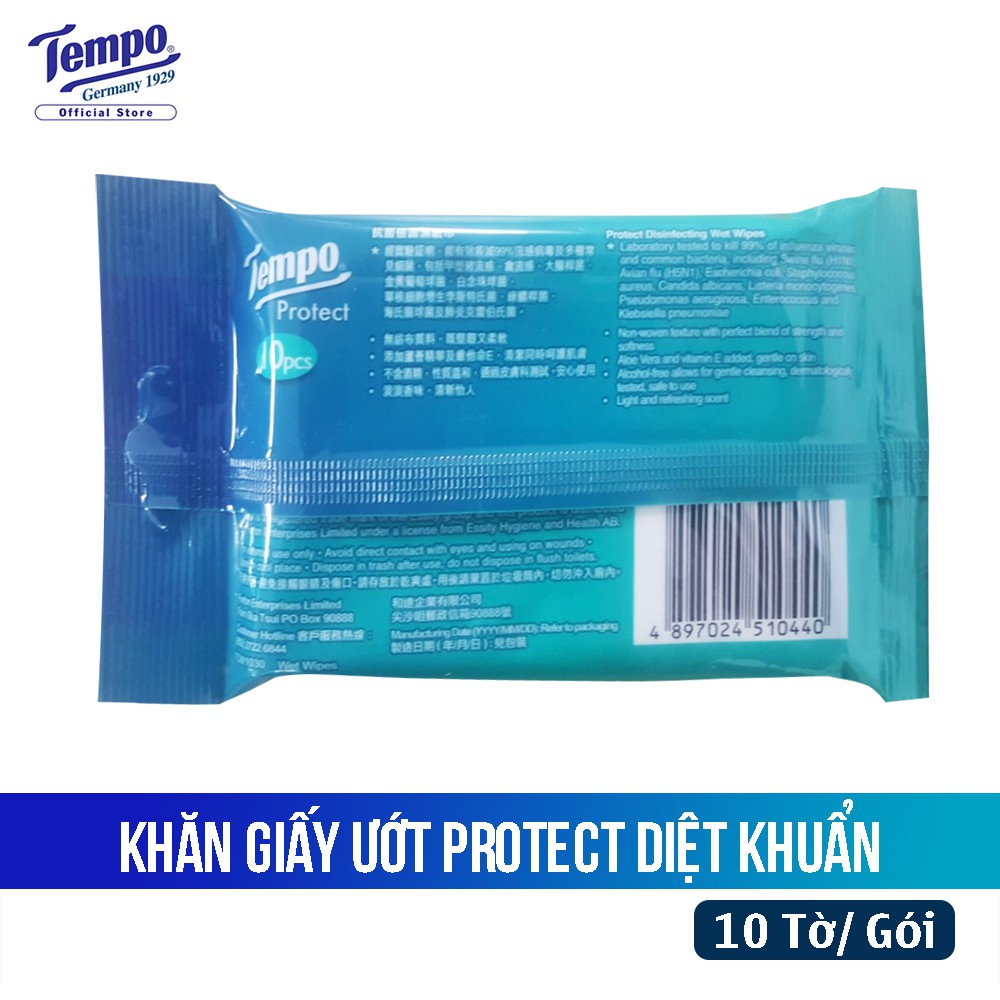 Khăn Giấy Ướt Diệt Khuẩn Protect TEMPO - Túi 10 Tờ