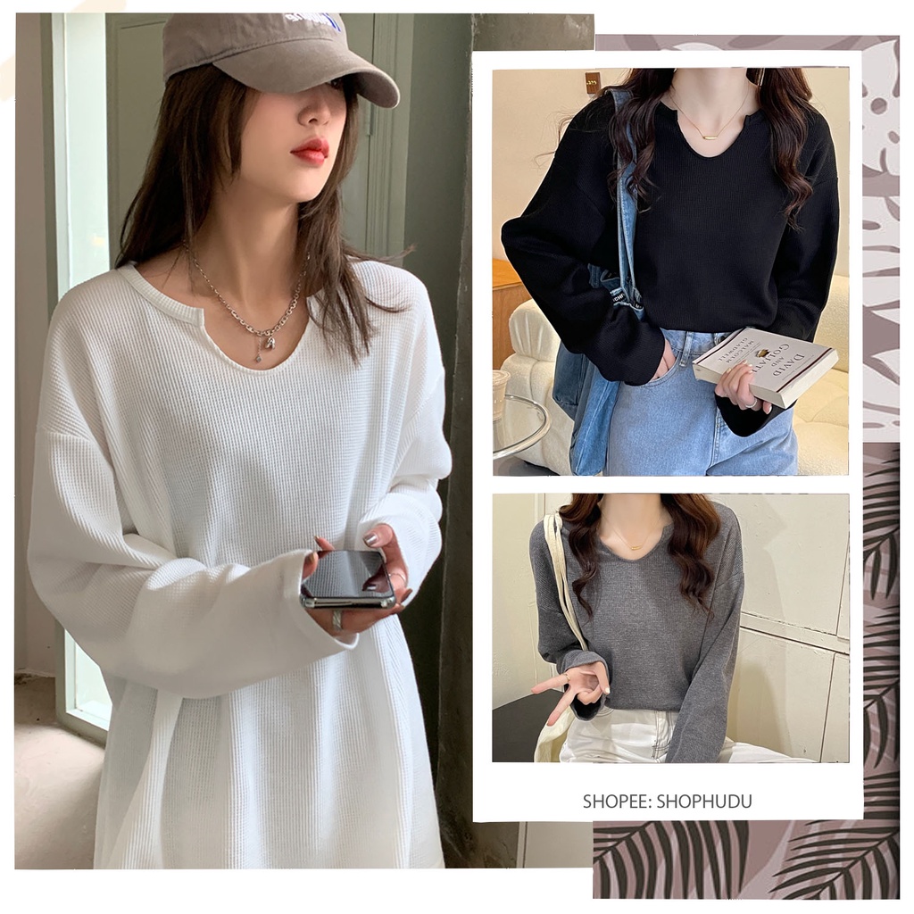SUA002 Áo phông dài tay cổ khoét V phom rộng thoải mái trẻ trung Áo thun đẹp hè thu đông xuân đi chơi đi học sinh viên
