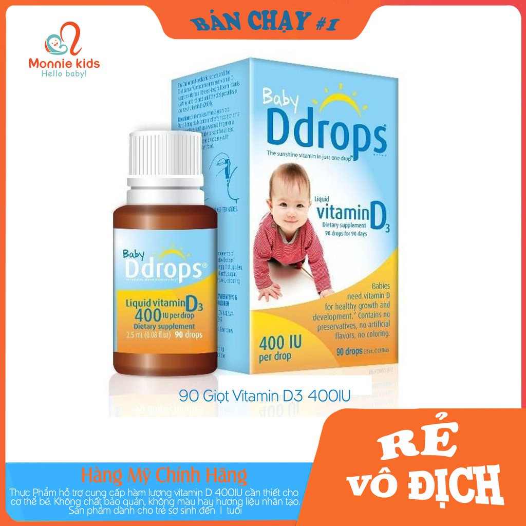 Vitamin D3 400IU Baby Ddrops Mỹ 90 giọt, vitamin cho trẻ từ 0-1 tuổi - Monnie Kids