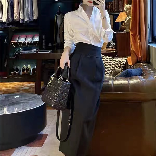 HAPPY HOMLIV Set Áo Sơ Mi Dáng Rộng + Chân Váy Ôm Phong Cách Hepburn Dành Cho Nữ