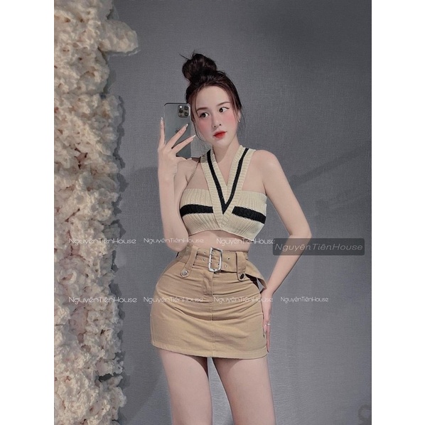 áo len dệt kim quây mix dây chéo phối màu sexy (28616#)