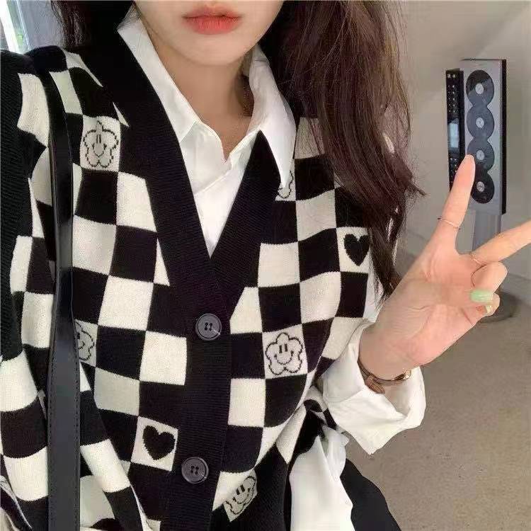 DUNEA Áo len không tay họa tiết sọc caro trắng đen phong cách Hàn Quốc