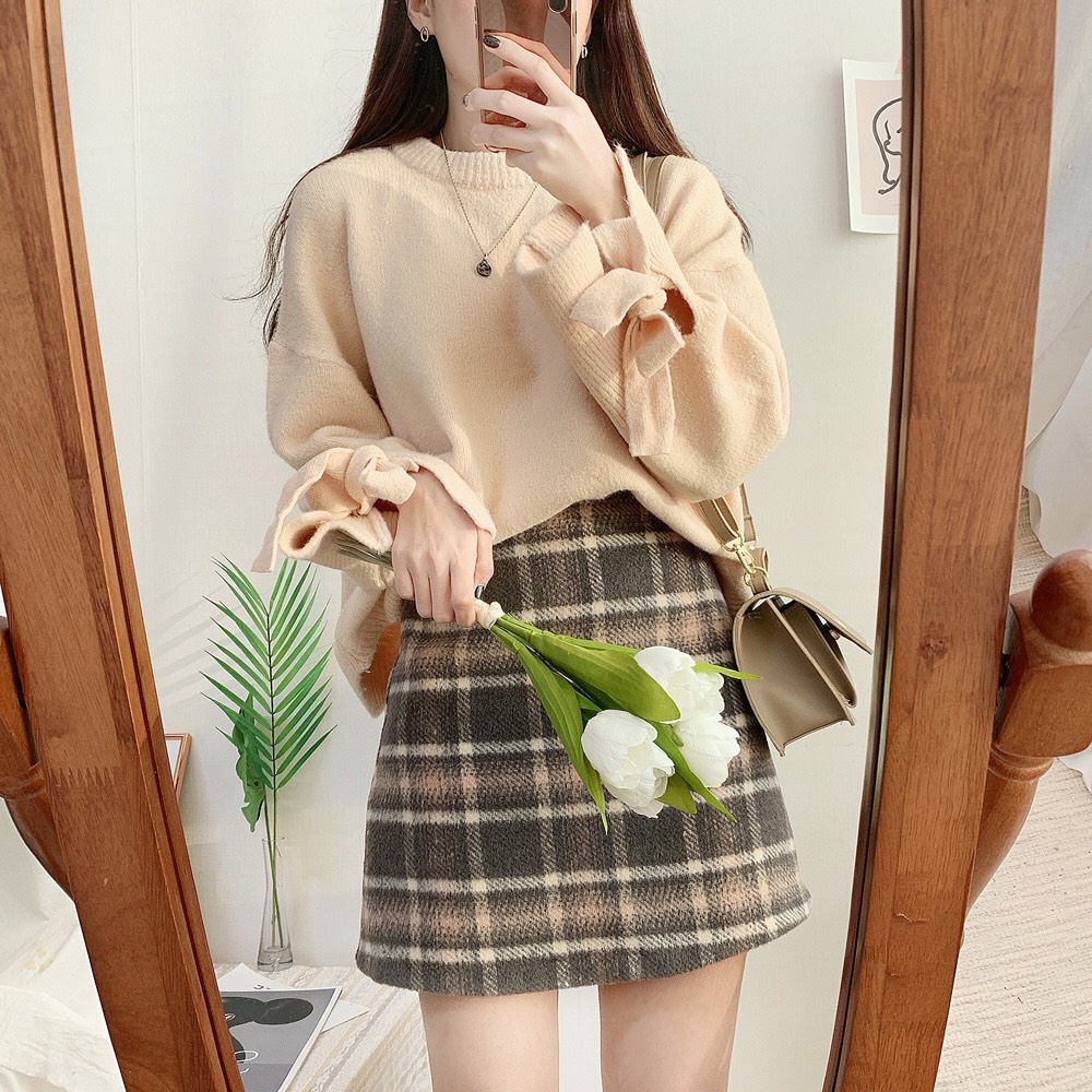 {HCM / CÓ SẴN} SET ÁO LEN VÀ CHÂN VÁY CARO PHONG CÁCH HÀN QUỐC SIZE M