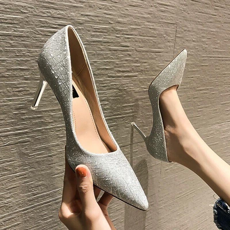 High Heels Women's Shoes Stiletto Wedding Shoes Autumn 2021 New Wedding Party Shallow Mouth Pointed Sequined Cloth Women