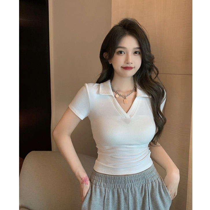Cocory vn Áo Thun Nữ Ngắn Tay Cổ Chữ V 5 Màu