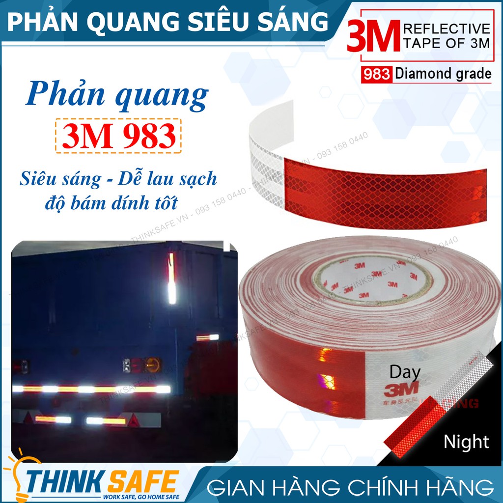 Băng keo phản quang 3M 983 phản quang theo cấu trúc kim cương, bền màu -Tem phản quang xe máy, ô tô (Trắng đỏ) Thinksafe