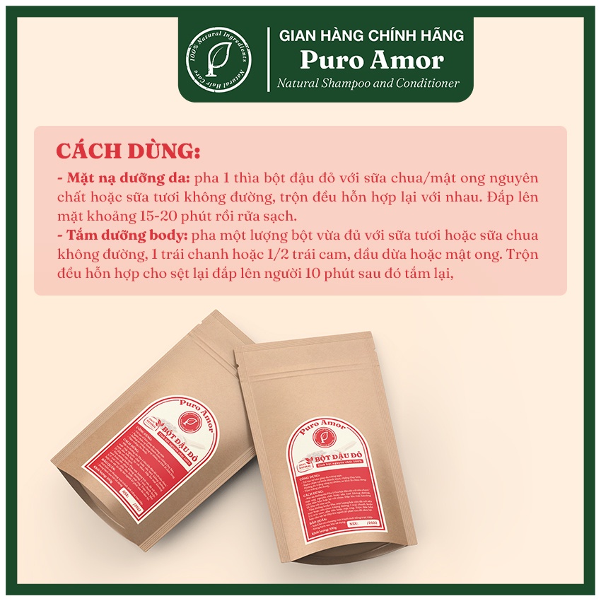 Bột đậu đỏ PURO AMOR nguyên chất sạch mịn 100% Organic 100gr - Trắng da, dưỡng ẩm, mờ thâm sạm, tẩy TBC