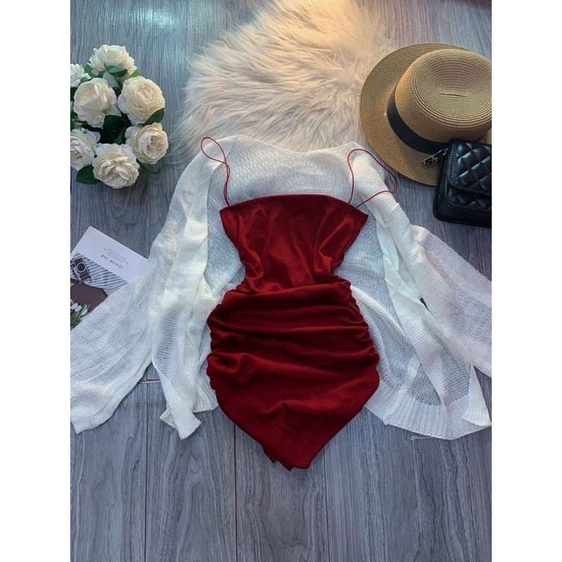 [Mã FAMAYWA2 giảm 10K đơn 50K] Set Đầm Zip Nhún Kèm Khoác Len Mỏng <montoghi> hình thật | BigBuy360 - bigbuy360.vn