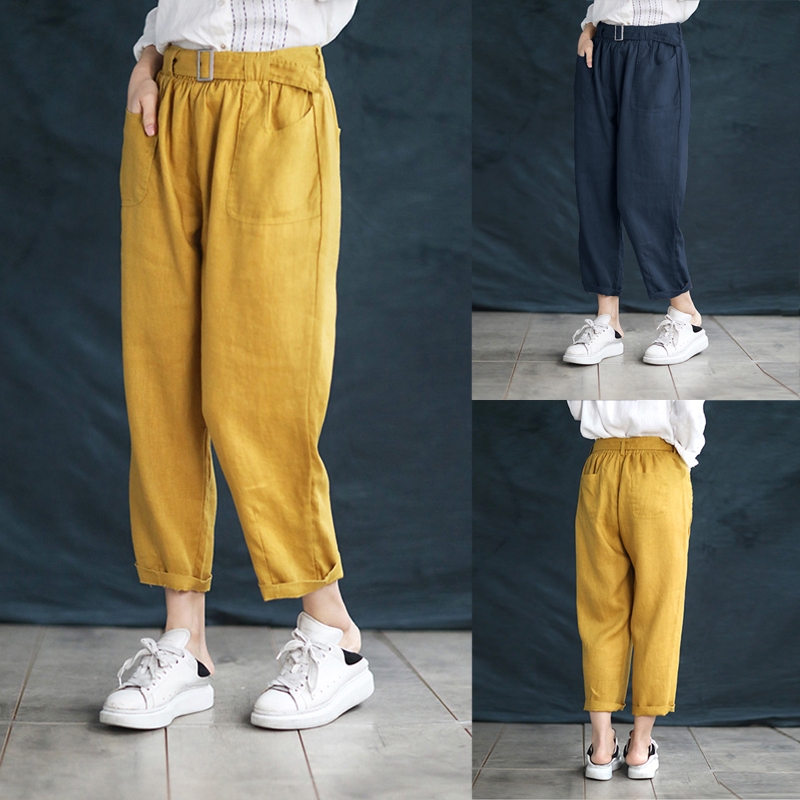 ZANZEA Quần cotton lanh ống rộng lưng cao màu trơn cho nữ | BigBuy360 - bigbuy360.vn