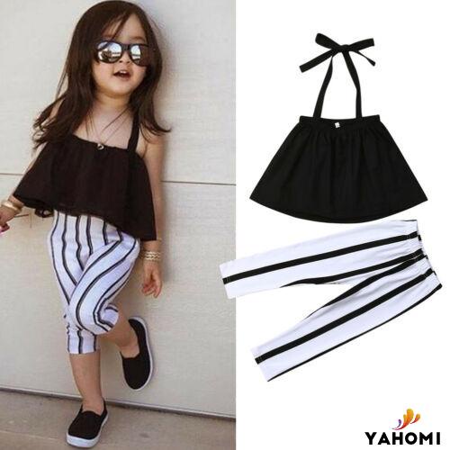 Bộ 2 món áo croptop trễ vai màu trơn + quần legging kẻ sọc thời trang mùa hè cho bé gái