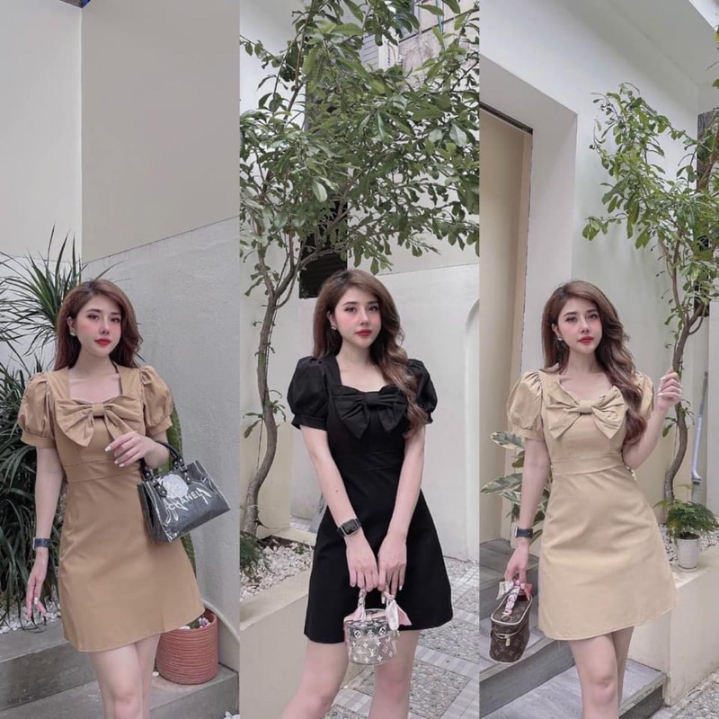 Váy cổ vuông nơ ngực dáng chữ A