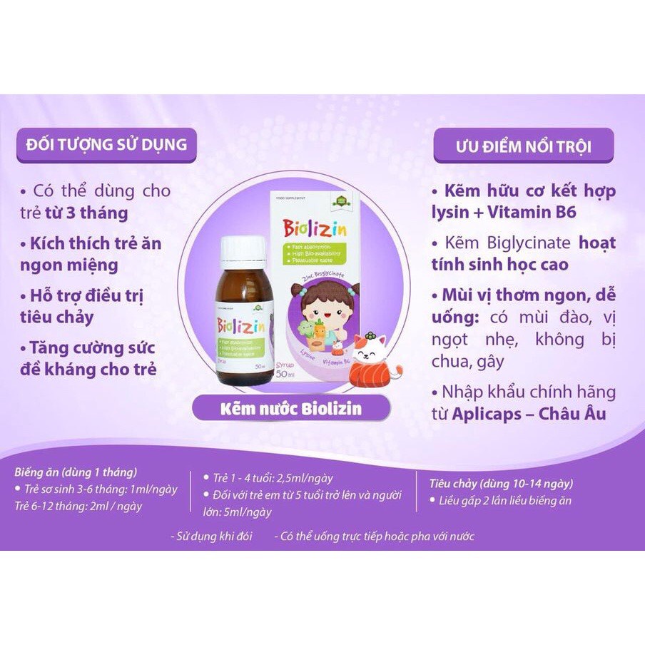 (QUÀ TẶNG) Biolizin Kẽm Zinc Lysine Cho Bé Biếng Ăn, Bổ Sung Vitamin B6 Siro Ăn Ngon, Tăng Cường Đề Kháng - 50ml