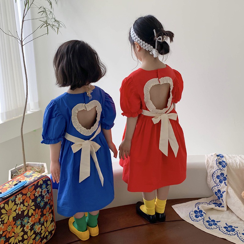 Se7en Đầm Công Chúa Mùa Hè Màu Trơn Hở Lưng Thắt Nơ Hình Trái Tim Đơn Giản Cho Bé Gái