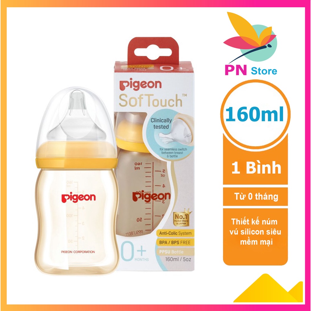 Bình sữa Pigeon 160ml cổ rộng PPSU Plus siêu mềm mại