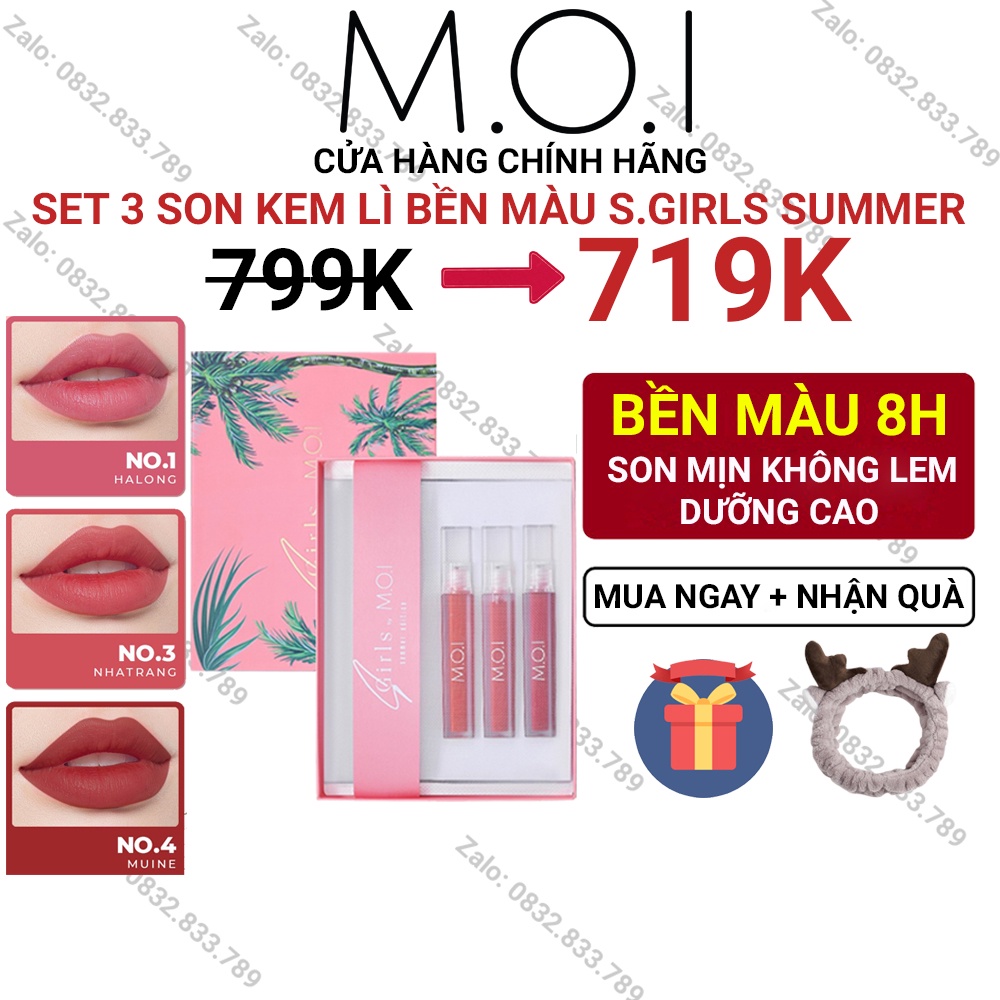 Set 3 cây Son Kem Lì Hồ Ngọc Hà MOI Cosmetics SGIRLS SUMMER tặng túi lưới - bền màu lâu trôi