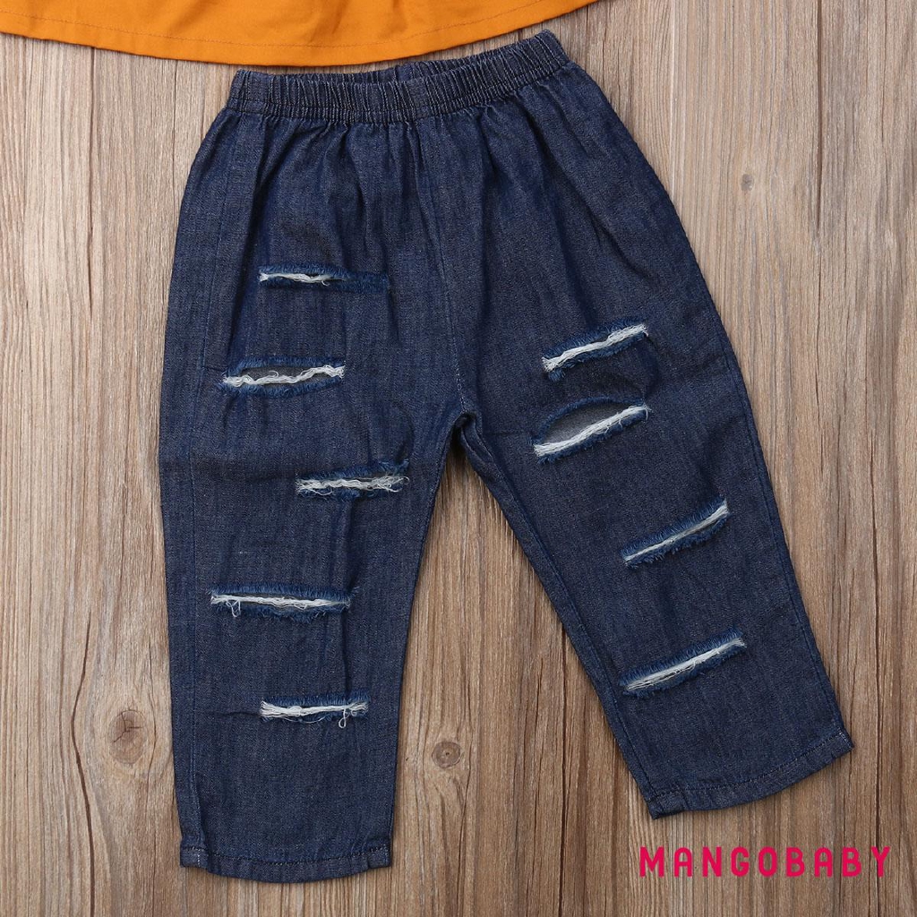 Set Áo Trễ Vai + Quần Short Jeans Rách Cho Bé Gái