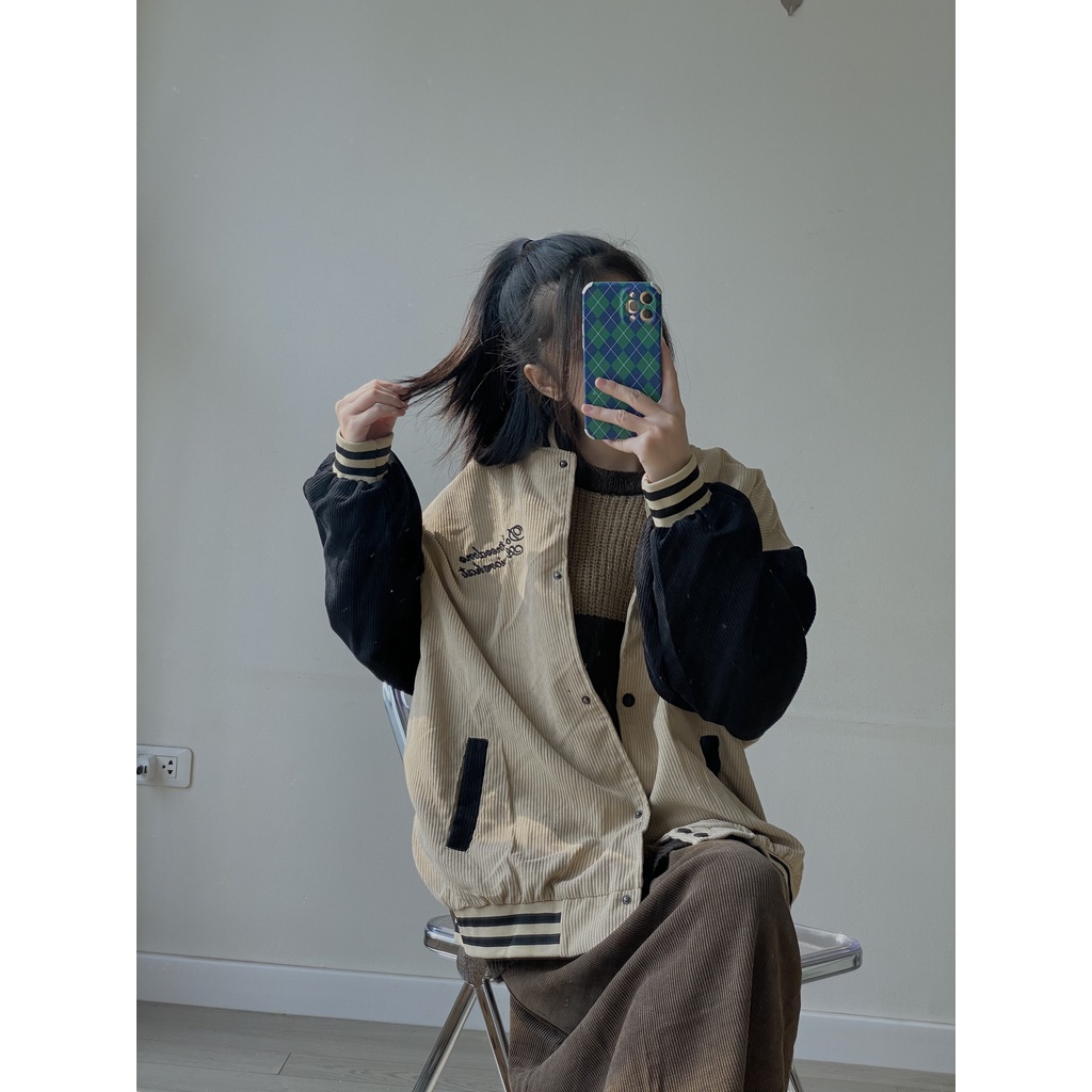 Áo khoác bóng chày nhung tăm 2 lớp thêu chữ JB124 LOLLIE STUDIO