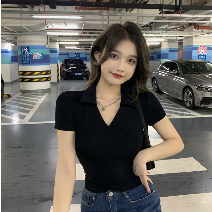 Cocory vn Áo Thun Nữ Ngắn Tay Cổ Chữ V 5 Màu