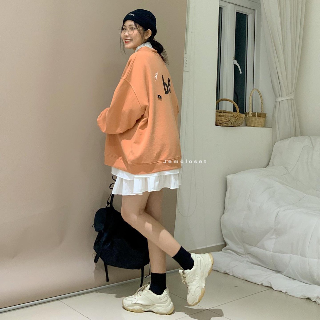 Áo Sweater Nữ JEMCLOSET Chất Nỉ Chân Cua Dài Tay Áo Sweater Form Rộng Có Cúc Cài Và In Hình Sau Lưng Monkey Form 1003