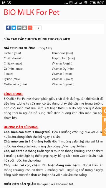 Sữa Dinh Dưỡng Cao Cấp Dành Cho Chó Mèo Bio Milk For Pet 100gam