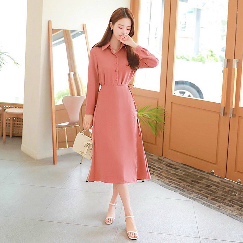 Đầm váy hồng ruốc đắp tà form dài