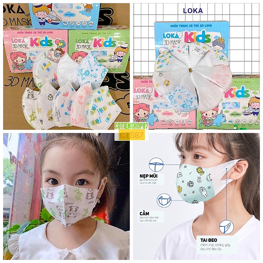 Combo 2 Hộp 100 cái khẩu trang 3D Mask Loka trẻ em, khẩu trang 3D cho bé công nghệ Nhật Bản, 3 lớp kháng khuẩn 99%