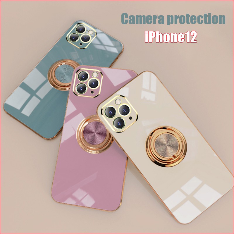 Ốp điện thoại TPU mềm viền mạ vàng 6D chống va đập có nhẫn đỡ cho iPhone 12 Pro 12Pro Max 12 Mini