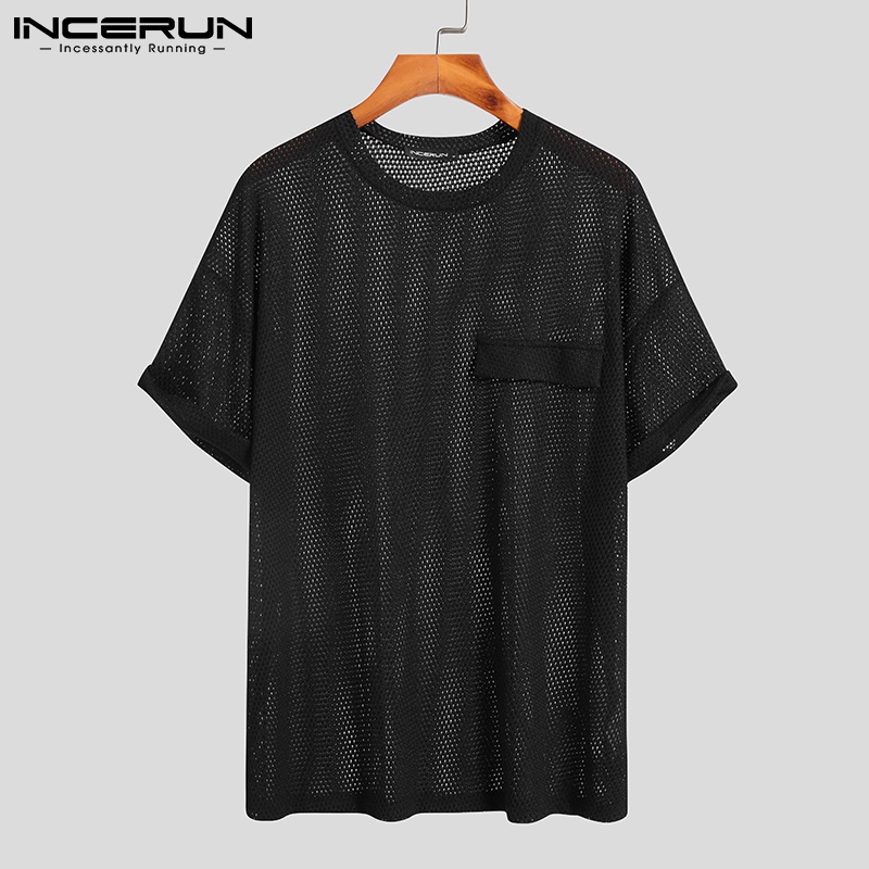 Áo INCERUN dáng mỏng tay ngắn thiết kế khoét lỗ xuyên thấu thời trang đơn giản dành cho nam