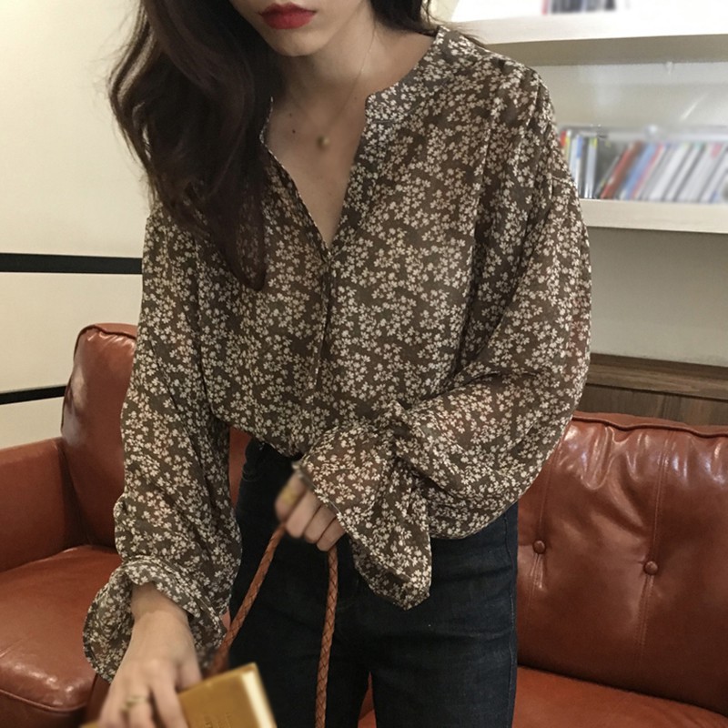 Áo Kiểu Tay Dài Chất Chiffon Hoạ Tiết Hoa Thiết Kế Cổ Tròn Thanh Lịch