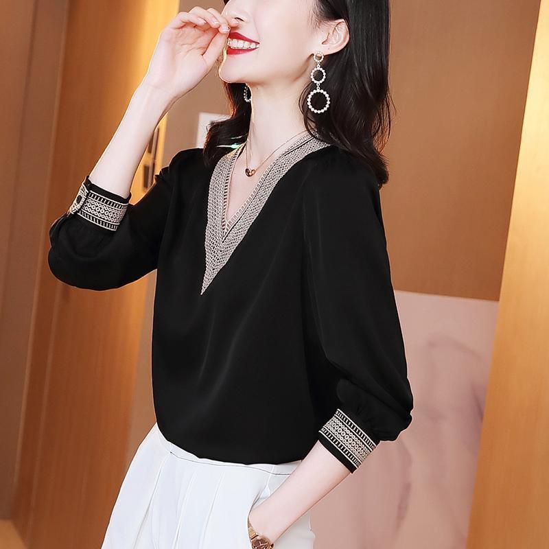 Áo sơ mi vải voan tay dài cổ chữ V thêu họa tiết thời trang thanh lịch cho nữ