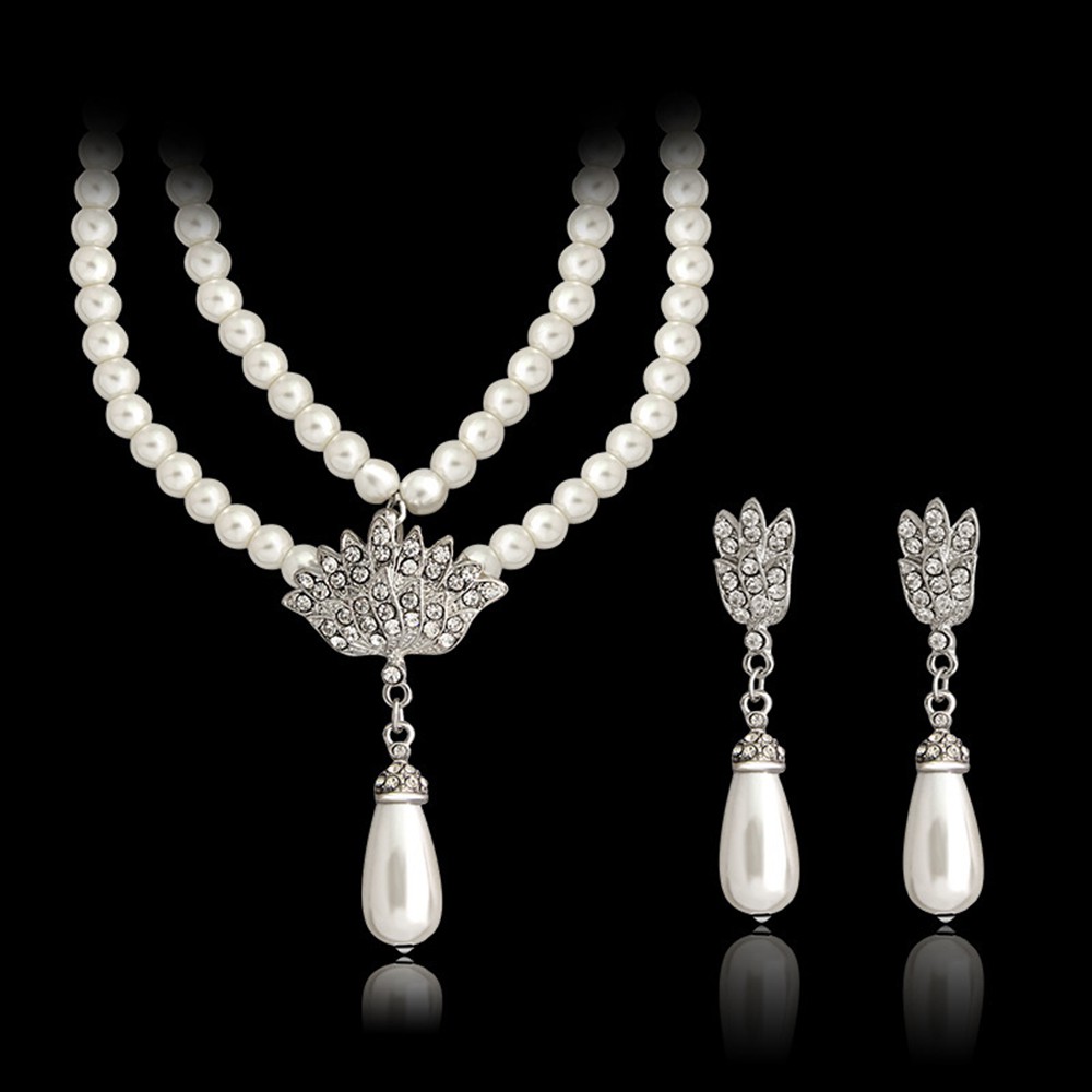 Set dây chuyền + bông tai ngọc trai nhân tạo thời trang cho cô dâu