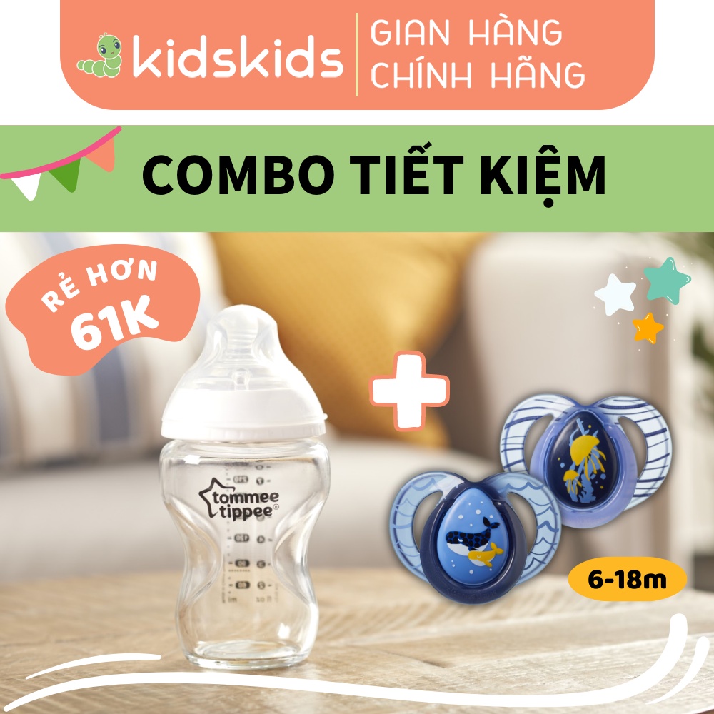 COMBO Ty ngậm dạ quang cho bé Tommee Tippee Night Time &amp; Bình sữa thủy tinh ty siêu mềm tự nhiên Tommee Tippee 250ml