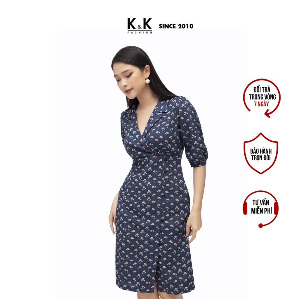 Váy Đầm Chữ A Hoa Nhí K&K Fashion KK106-40 Cổ Đan Tông Tay Lỡ Chất Liệu Linen Ướt