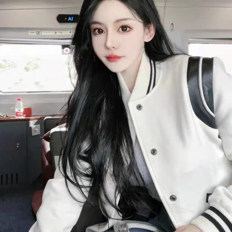 Áo Khoác Bóng Chày Bằng Len 22ss Màu Trắng Đen Phong Cách Mỹ Cổ Điển