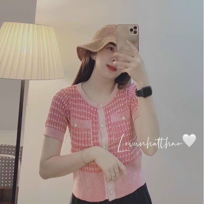 Áo len tăm túi ngực ngắn tay, Áo kiểu cúc giữa cổ tròn co giãn AL8018 - NhiNhi Shop