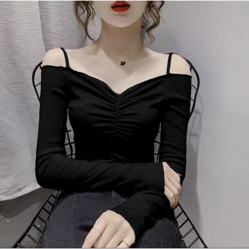 Áo trễ vai tay dài 2dây nhúng ngực