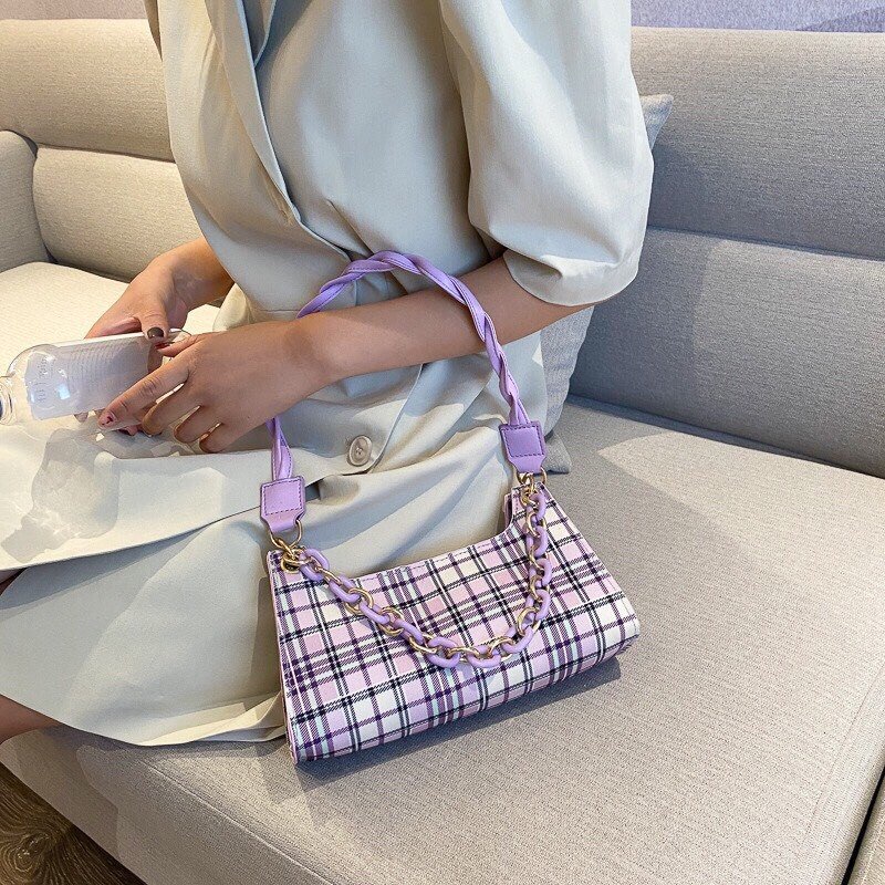 Túi Xách NữTặng QuàTúi Kẹp Nách kẻ caro phối dây quai xoắn kèm dây xích MÃ 7660