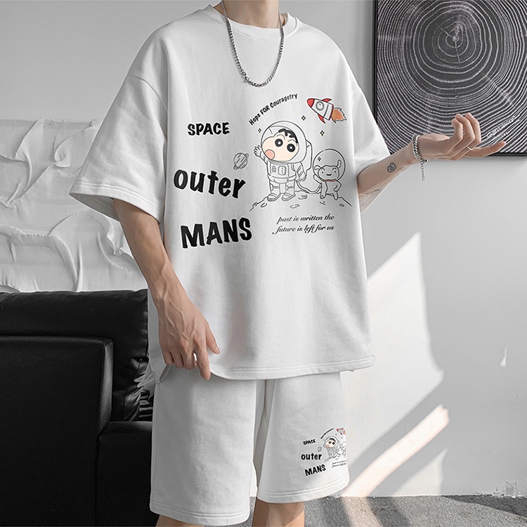 Bộ quần áo Nam Nữ Unisex, Bộ mặc nhà cotton co giãn form rộng in họa hình Shin – MayLinh shop