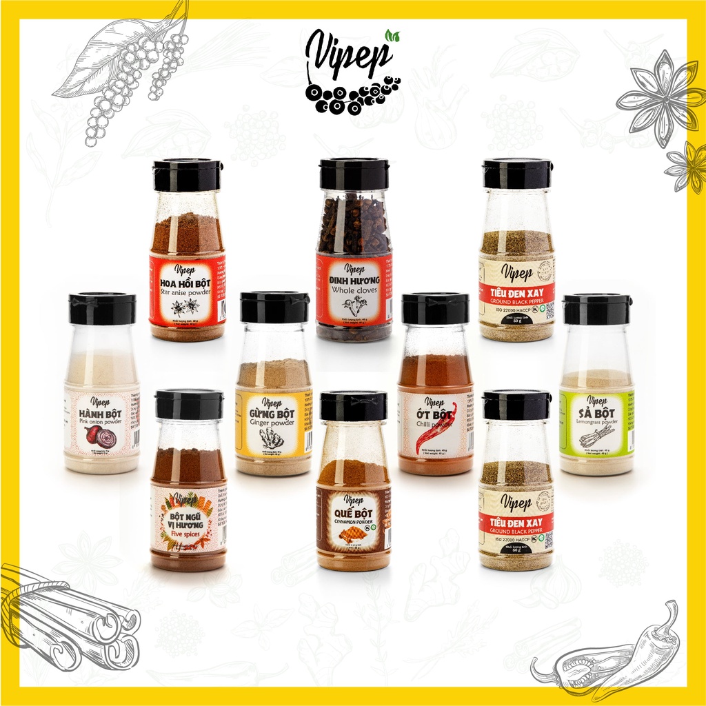 Bộ Sản Phẩm Gia Vị VIPEP - Tỏi bột - Bột hành - Sả bột - Quế bột - Hành bột - Ớt bột - Bột Ngũ Vị Hương - Bột nghệ