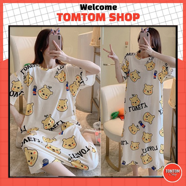 Váy ngủ cotton dáng suông cộc tay mềm mịn thoáng mát dễ thương VN-02 ( GẤU VÀNG) | BigBuy360 - bigbuy360.vn