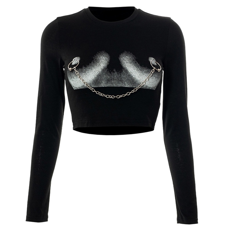 Áo Thun Lửng Tay Dài / Ngắn Dáng Ôm Phối Dây Xích Thời Trang Cho Nữ