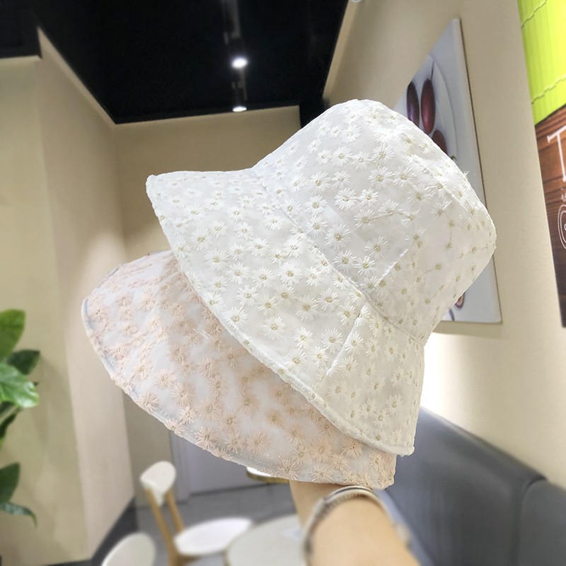 Mũ tai bèo che nắng xuyên thấu phối ren hoa cúc nhỏ thoáng khí phong cách Nhật Hàn thời trang mùa hè dành cho nữ
