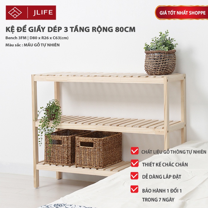 Kệ Để Giầy 3 Tầng Rộng 80cm JLIFE Kệ Giày Dép Gỗ Thông Giá Rẻ Tiện Lợi Dễ Dàng Lắp Ráp