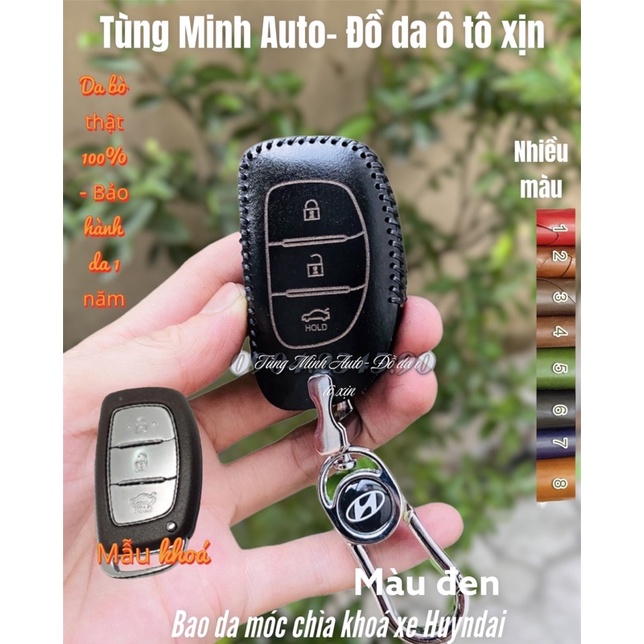 Bao Da Chìa Khóa Ôtô Hyundai I10, I20 Active, Creta, Tucson, Elantra, Sonata khóa Thông Minh 3 nút bấm, da thật khâu tay